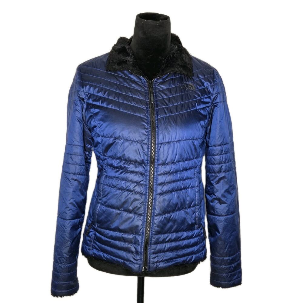 The North Face Mossbud Reversible Jacket Womens S Blue Black Faux Fur Puffer